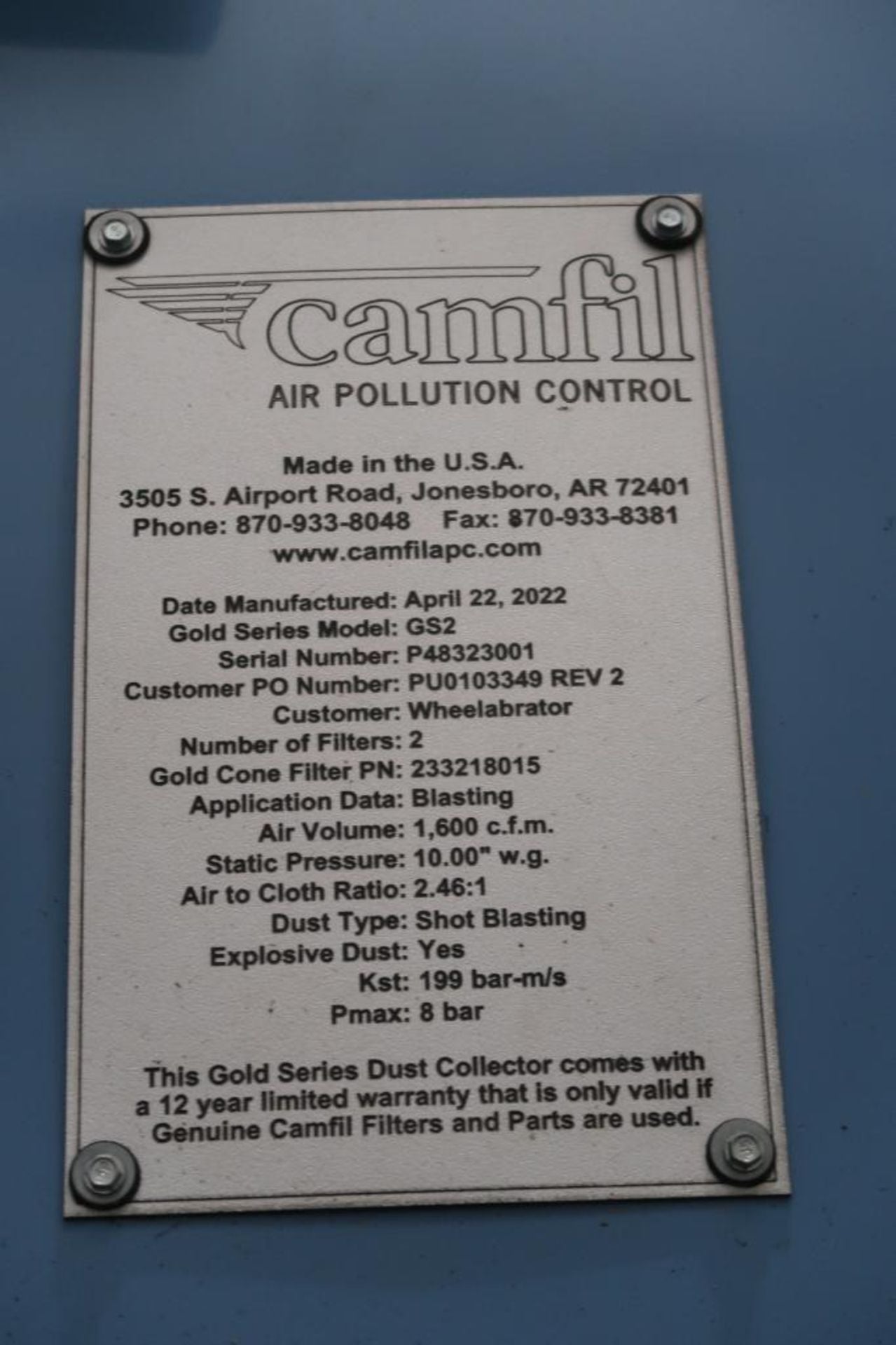 2022 Wheelabrator-Camfil Dust Collector With Explosion Proof Venting